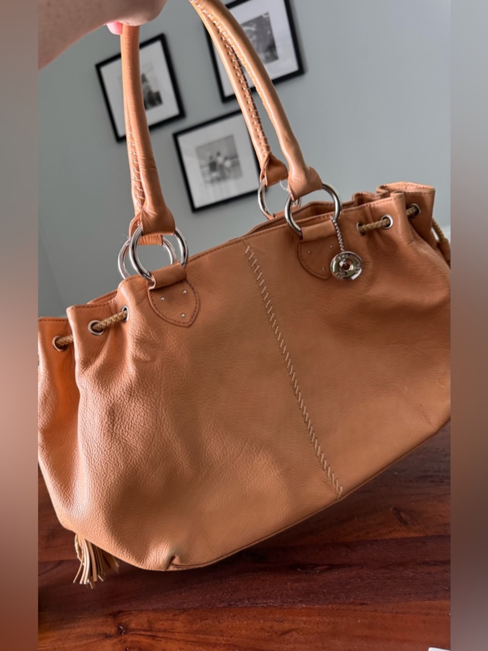 The Sak Leather Pre 2010 Tan Drawstring Shoulder Bag Hobo Purse Handbag Tassels